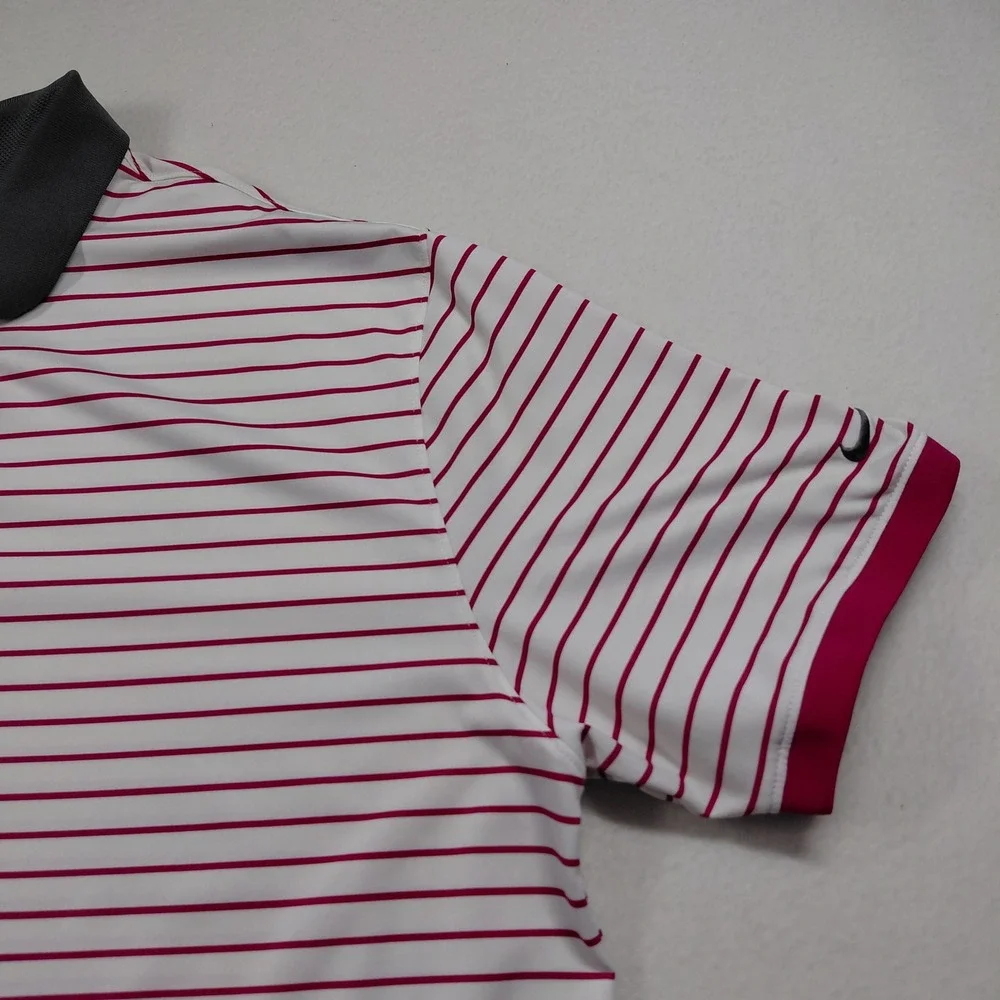 Nike Dri-FIT Polo Shirt Mens XL pink White Striped Short Sleeve Golf Performance